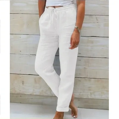 Cotton And Linen Women's High Waist Elastic Waist Solid Color Cotton And Linen Casual Pants