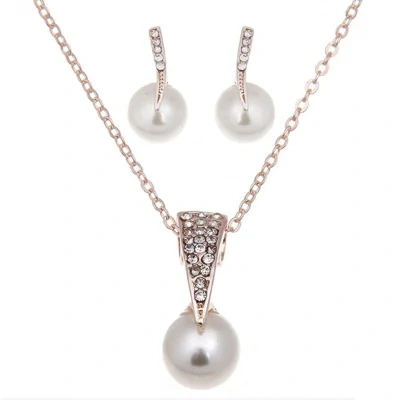 Bride Rhinestone Pearl Earrings Necklace Set Banquet Dress Jewelry