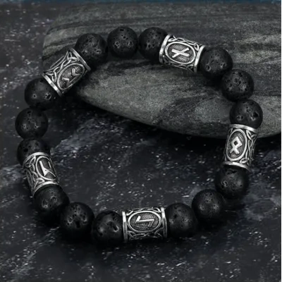 Asgard Crafted Silver Rune And Black Lava Stone Bracelet