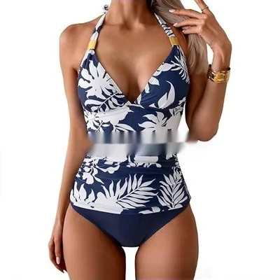 Women's Pure Color Halter Split Tie Two Piece Swimsuit