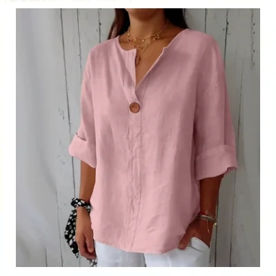 V-neck Long-sleeved T-shirt Fashion Loose Cotton And Linen Button Tops For Women