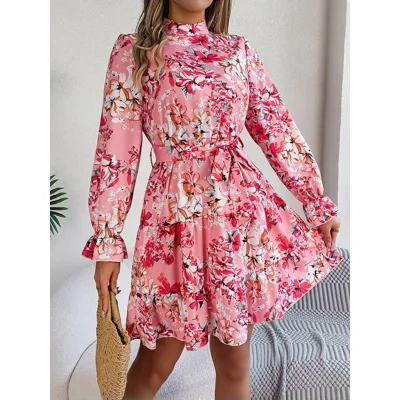Standing Collar Floral Print Waist-controlled Long Sleeves Ruffled A-line Dresses For Women Spring Autumn Ruffle Edge Long Dress