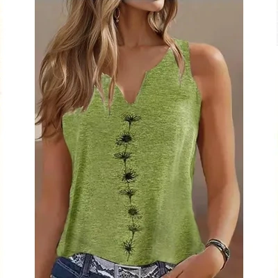 Casual Loose V-neck S Print Sleeveless T-shirt Women