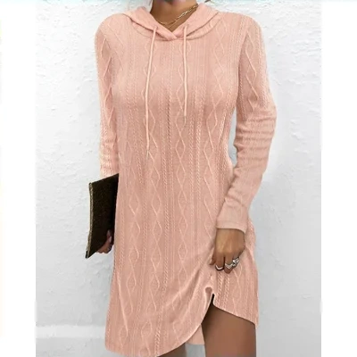 Long Sleeve Hooded Pullover Knitted Dress For Women