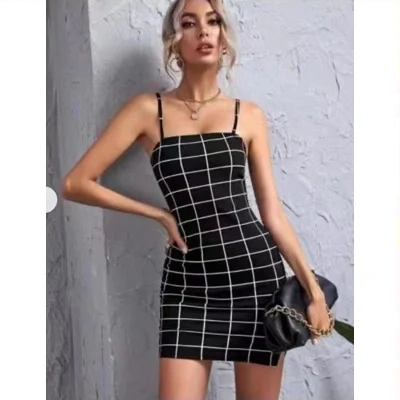 Retro Plaid Sexy Spaghetti Strap Bodycon Mini Dresses Women