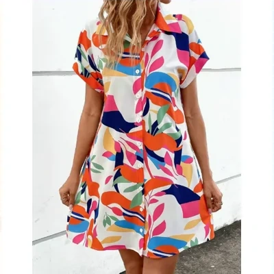 New Floral Print Short Sleeve Shirt Dress Summer Fashion Lapel Loose A-line Dresses For Womens Clothing