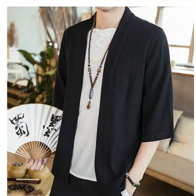 Summer men's Chinese style cotton and linen solid color Hanfu seven-point sleeve cardigan shirt men's fashion trend shirt